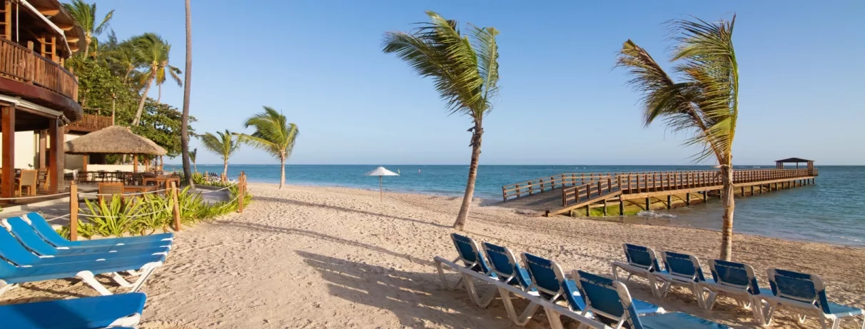 Une vue depuis le sable montrant des chaises longues face à la mer sous un ciel bleu.