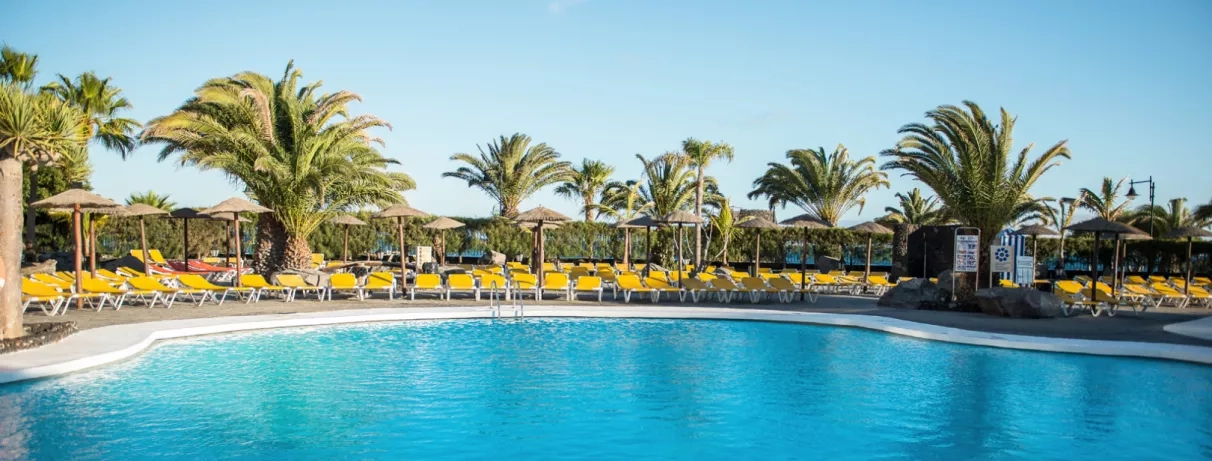 Un plan rapproché sur la piscine circulaire entourée de palmiers.