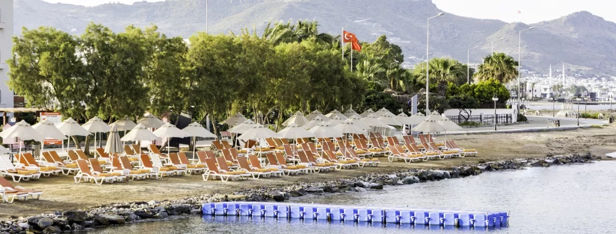plage avec transats et parasols 
