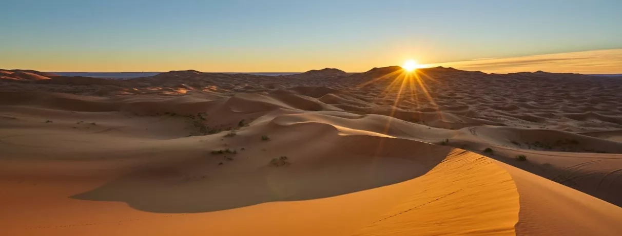 Le soleil se couche sur l'immensité des dunes du Sahara
