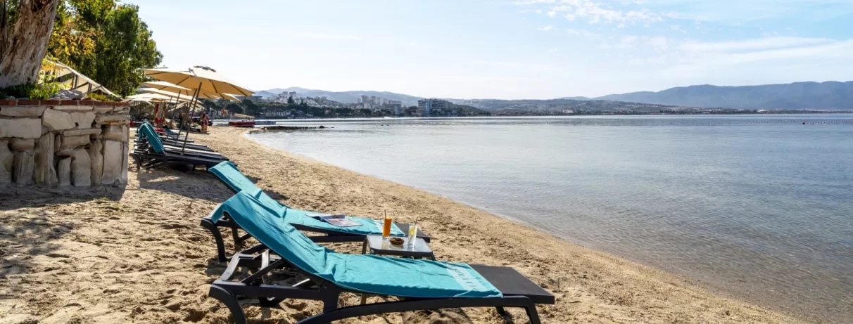 Des transats installés sur une plage paisible, offrant une vue reposante sur l'horizon.