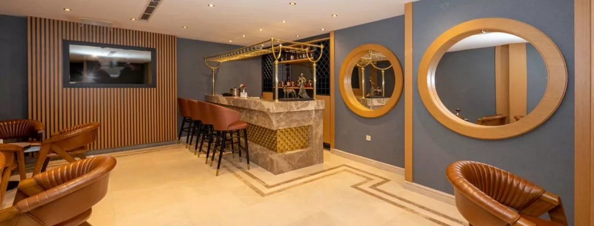 bar convivial avec comptoir en hauteur, fauteuils et télévision