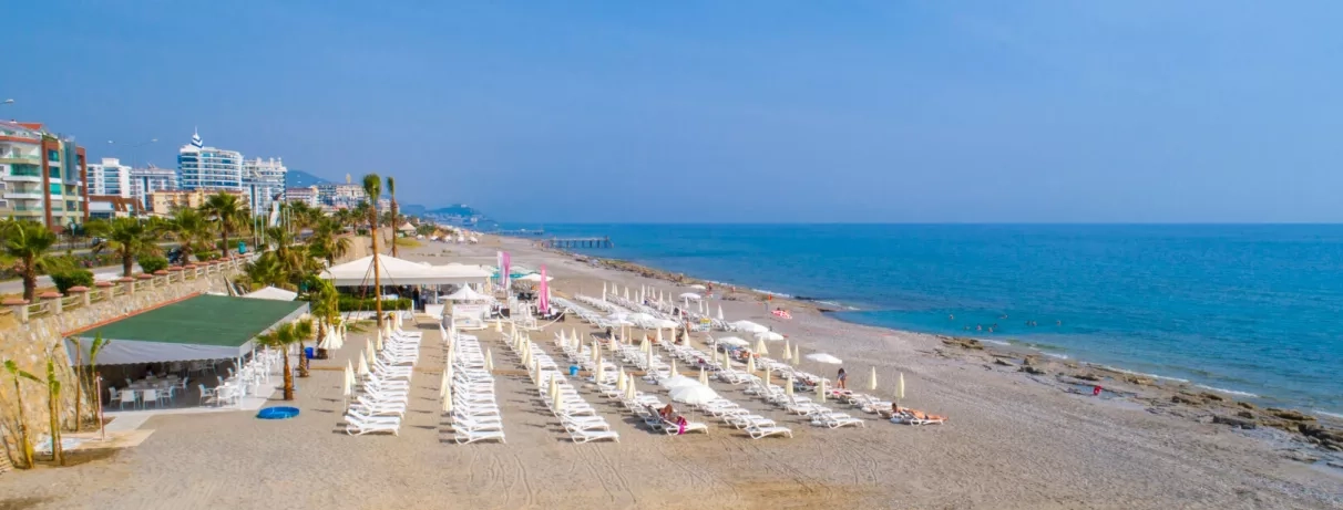 vue de la plage avec transats et parasols
