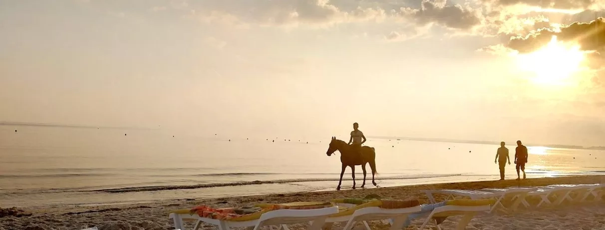 Balade à cheval sur la plage de sable fin devant l'hôtel One Resort Aqua Park Monastir.