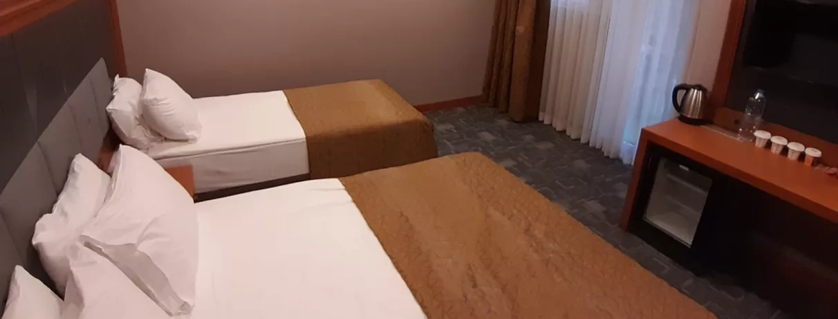 chambre triple avec un lit double et un lit simple et une télévision
