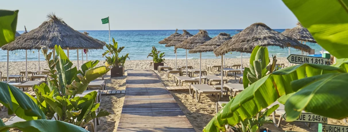 Zone de plage organisée avec paillotes