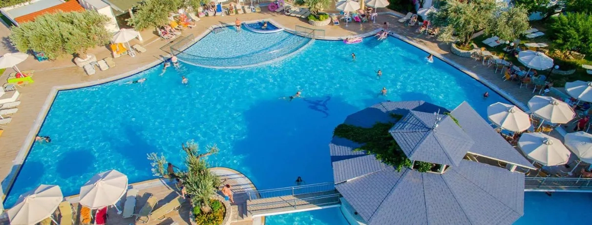 piscine et pataugeoire enfants, parasols et transats, oliviers, ponton pour rejoindre le bar terrasse