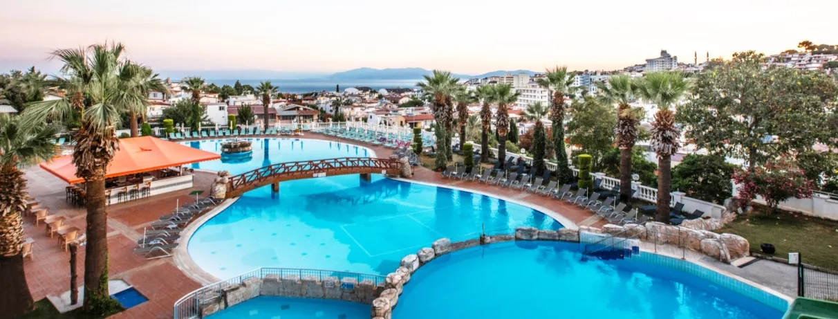 Une vue panoramique d'une vaste piscine traversée par un petit pont de bois.