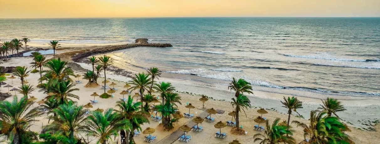 Plage de sable fin et jardins verdoyants de l'hôtel Palm Azur pour des vacances à Djerba.