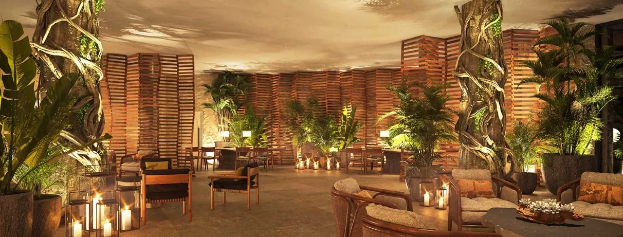 salle de restaurant avec une décoration fancy, lumière douce, plantes partout 