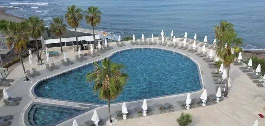 Une vue aérienne d'une piscine entourée de palmiers et de transats face à la mer.