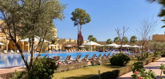 vue générale sur la partie piscine de l'hôtel avec les transats tout autour et une partie jardin