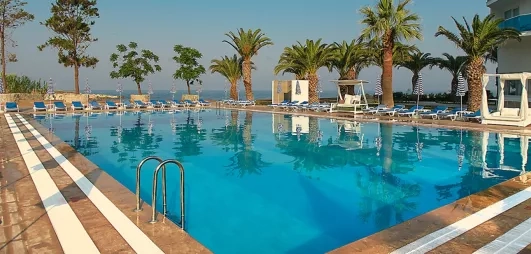 Une grande piscine à débordement, bordée de palmiers sous un ciel bleu.