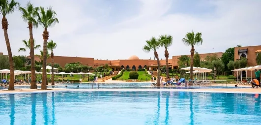 vue panoramique sur la piscine avec des palmiers au jardin d'à côté et un ciel bleu au fond