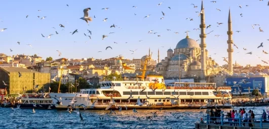 vue sur la mosquée d'Istanbul avec un bateau sur le fleuve