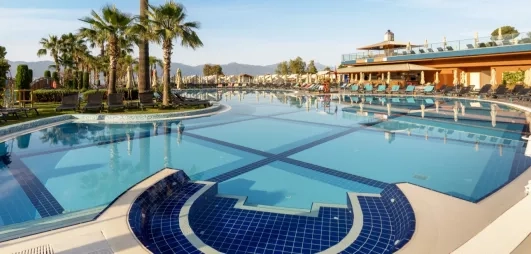 Une vaste piscine ensoleillée, bordée de palmiers et de transats sous un ciel bleu.
