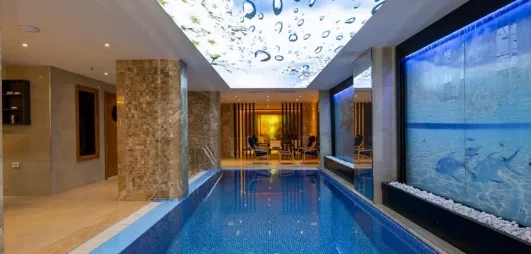 piscine intérieure en longueur avec décoration aquarium 