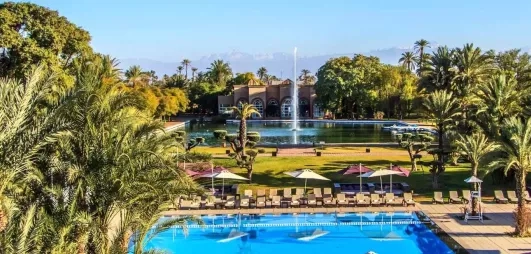 Un vaste panorama sur un jardin méditerranéen avec une piscine aux eaux bleues et un jet d'eau majestueux qui s'élance au milieu de la verdure.