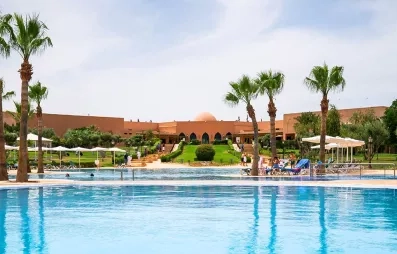 vue panoramique sur la piscine avec des palmiers au jardin d'à côté et un ciel bleu au fond