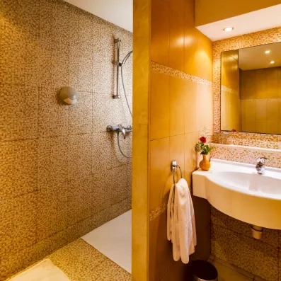 salle de bains avec grande douche à l'italienne et lavabo avec miroir 