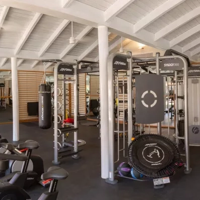 salle de fitness, vélos, sac de boxe, trampoline pour ballon, miroir, machines de musculation