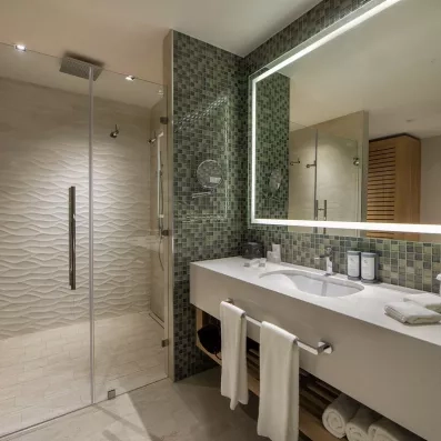 salle de bains avec douche et sèche-cheveux, grand miroir et petit miroir grossissant, vasque, plusieurs serviettes