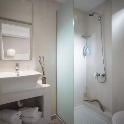 salle de bains avec douche à l'italienne caché d'une vitre et un lavabo superposé blanc et un miroir accroché au mur 