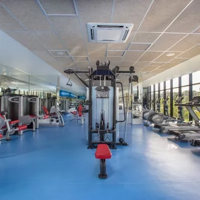 salle de fitness, large choix de machines de sport, tapis de course, bancs de développé couché, sol bleu