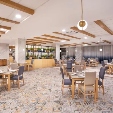 salle de restaurants bar tables nappes blanches et chaises grises luminaires