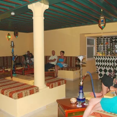 Salon de thé traditionnel tunisien avec narguilés et décoration authentique pour une immersion culturelle à Djerba.