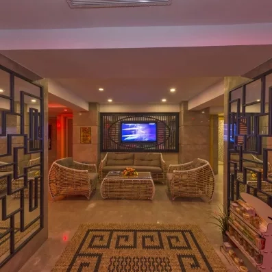 hall d'entrée avec canapés et télévision