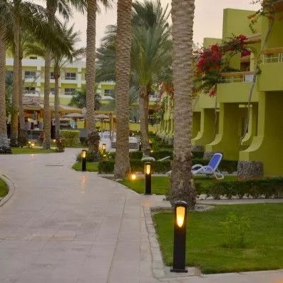 allée extérieur de hôtel, avec jardin, palmier,  bâtiment vert, luminaire 