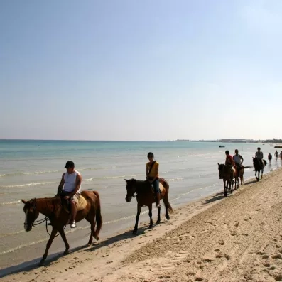 Randonnée équestre sur le sable au bord de la mer Méditerranée au Sahara Beach Monastir.