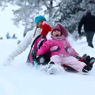 Descente joyeuse en luge en famille sur les pistes de neige du Samperin Savotta en Finlande.