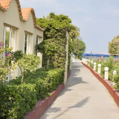 allée hôtel extérieur vers la piscine avec végétation et ciel bleu