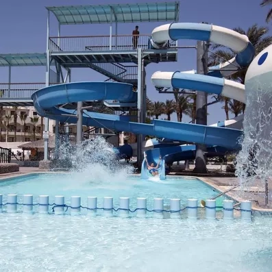 piscine enfant et adulte, toboggan bleu et blanc, palmiers