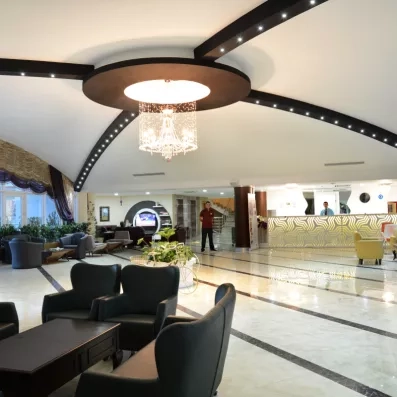 Une vue large du hall de réception de l'hôtel avec son mobilier lounge sombre.