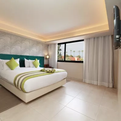 Chambre avec grand lit de deux places, tête de lit en vert, fenêtre à droite avec rideaux blancs 