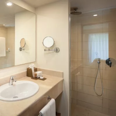 Une salle de bain lumineuse et moderne avec un grand miroir et une douche à l'italienne.