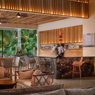 Un espace salon convivial avec des fauteuils situé à côté d'un bar.