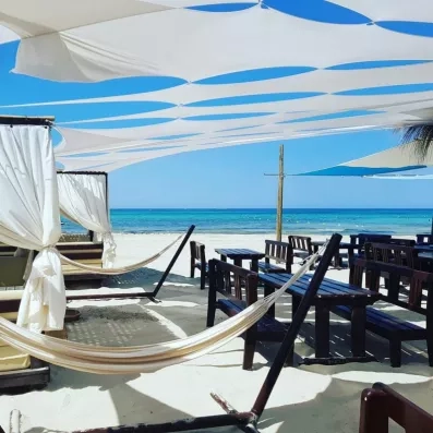 Terrasse de plage avec hamacs et tables en bois face à la mer turquoise à Djerba.
