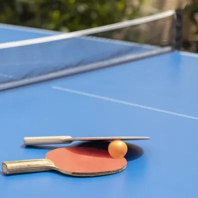 Une raquette et une balle de tennis de table sont posées sur une table de jeu.