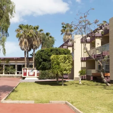 Un jardin ensoleillé avec des palmiers et des arbustes devant une façade d'hôtel.