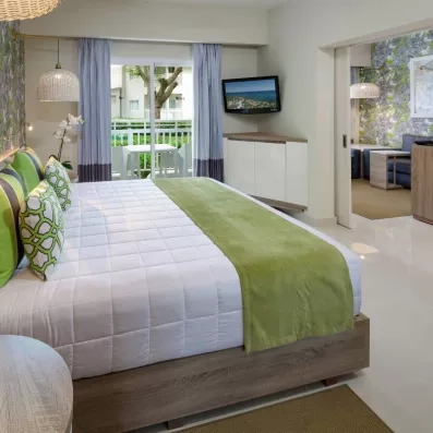 chambre familiale lit double avec séparation et canapé lit, écran accroché au mur, baie vitrée donnant sur un balcon avec table et chaises, vue sur le jardin et les palmiers