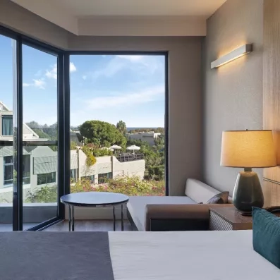 chambre avec un lit, un canapé et un balcon