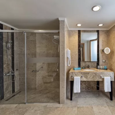salle de bain moderne avec une grande douche en verre et un lavabo