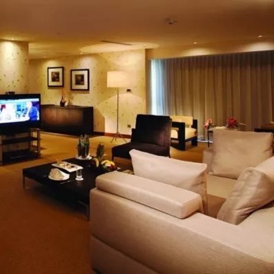 coin salon dans la suite avec canapé et télévision