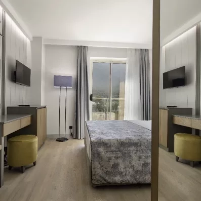 chambre avec un lit double et une télévision