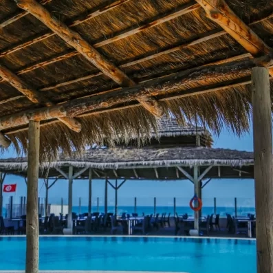 Piscine d'eau bleue et terrasse ombragée sous un toit de chaume face à la mer en Tunisie.