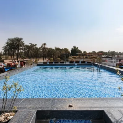 Grande piscine de pont entourée de palmiers, escale farniente durant un circuit touristique en Égypte.